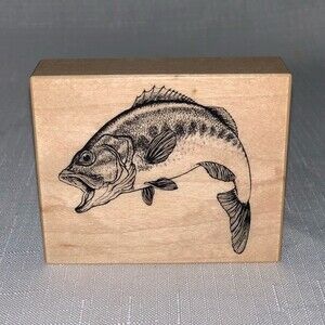NWOT Vintage 1995 Retired Bass Jumping Fish Fishing Rubber Mounted Stamp Wood